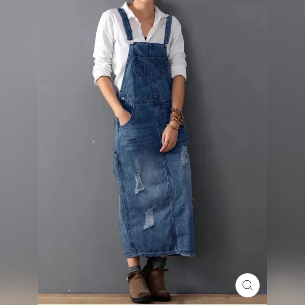 Ladies Distressed Denim Overall Dress